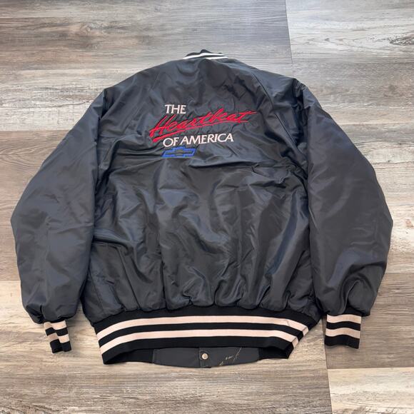 Vintage 80s Chevy Chevrolet Heartbeat America Black‎ Mens L Satin Bomber Jacket - Picture 1 of 6